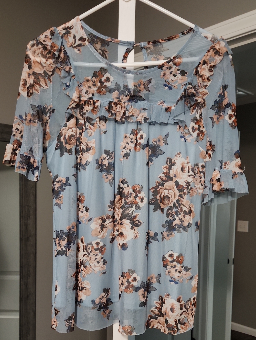 Floral Ruffle Yoke Women’s Top - Light Blue